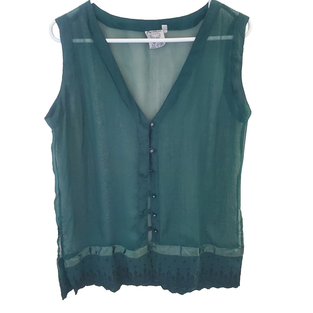 Papillon Sheer Top Sz M Sleeveless Button Up Embroidery Ribbon Lace Fairy Grunge